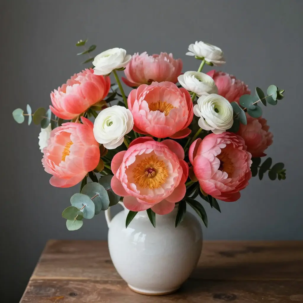 Elegant coral peonies and white ranunculus bouquet in ceramic vase