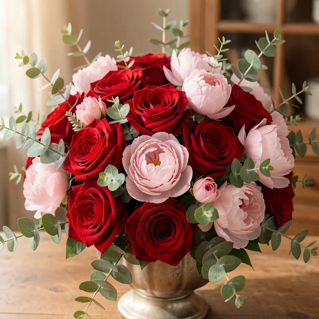 Romantic anniversary roses and mixed flowers arrangement