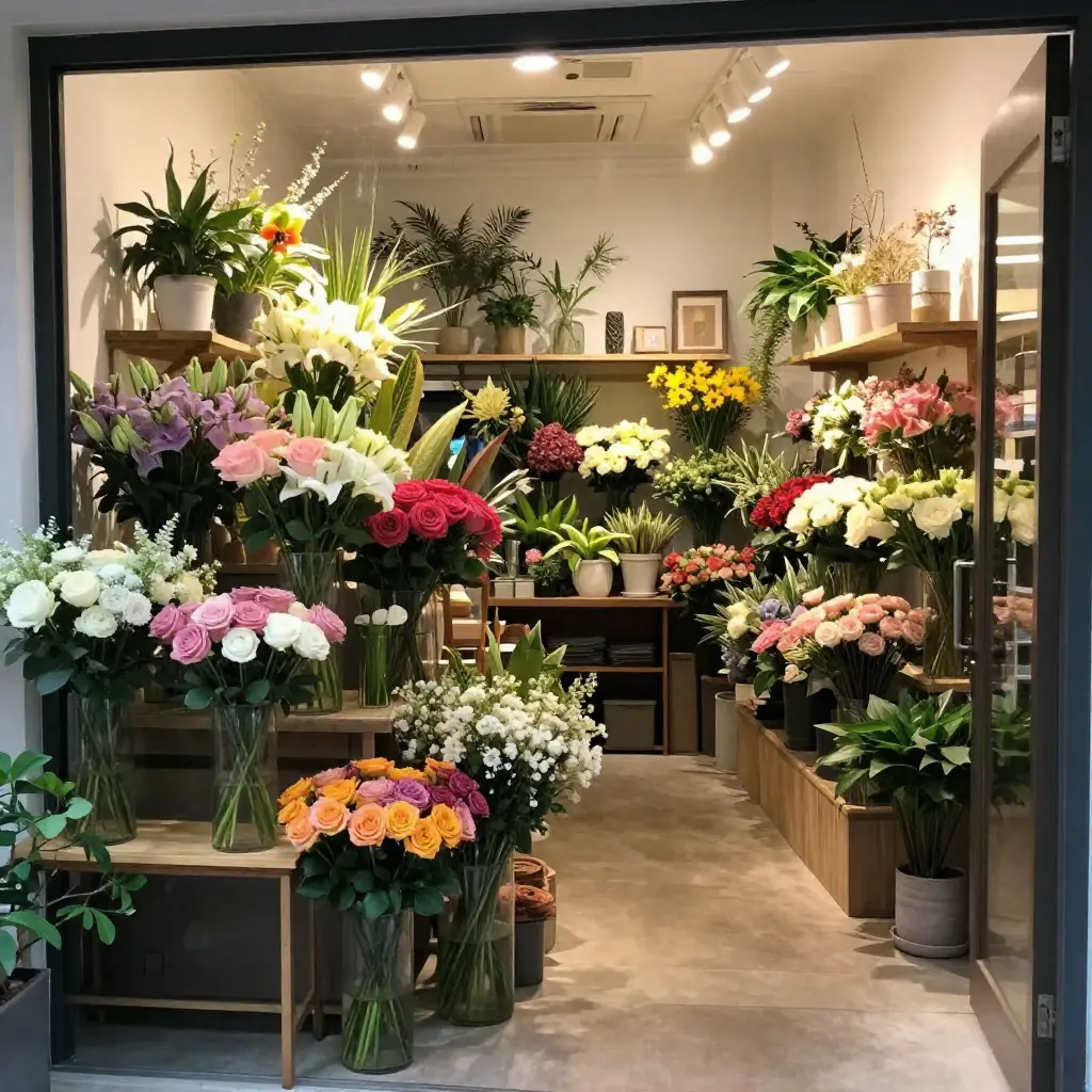 Flower shop interior with fresh arrangements